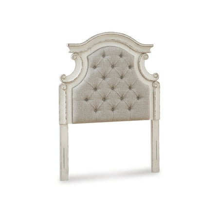 Signature Design by Ashley Realyn Twin Upholstered Panel Headboard Traditional Cottage Style with Button Tufting Chipped White