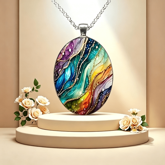 DESIGNICE Vintage Dream Wave Oval Pendant Necklace, Colorful Swirl Design, Fashion Jewelry for Women Oval Pendant Necklace
