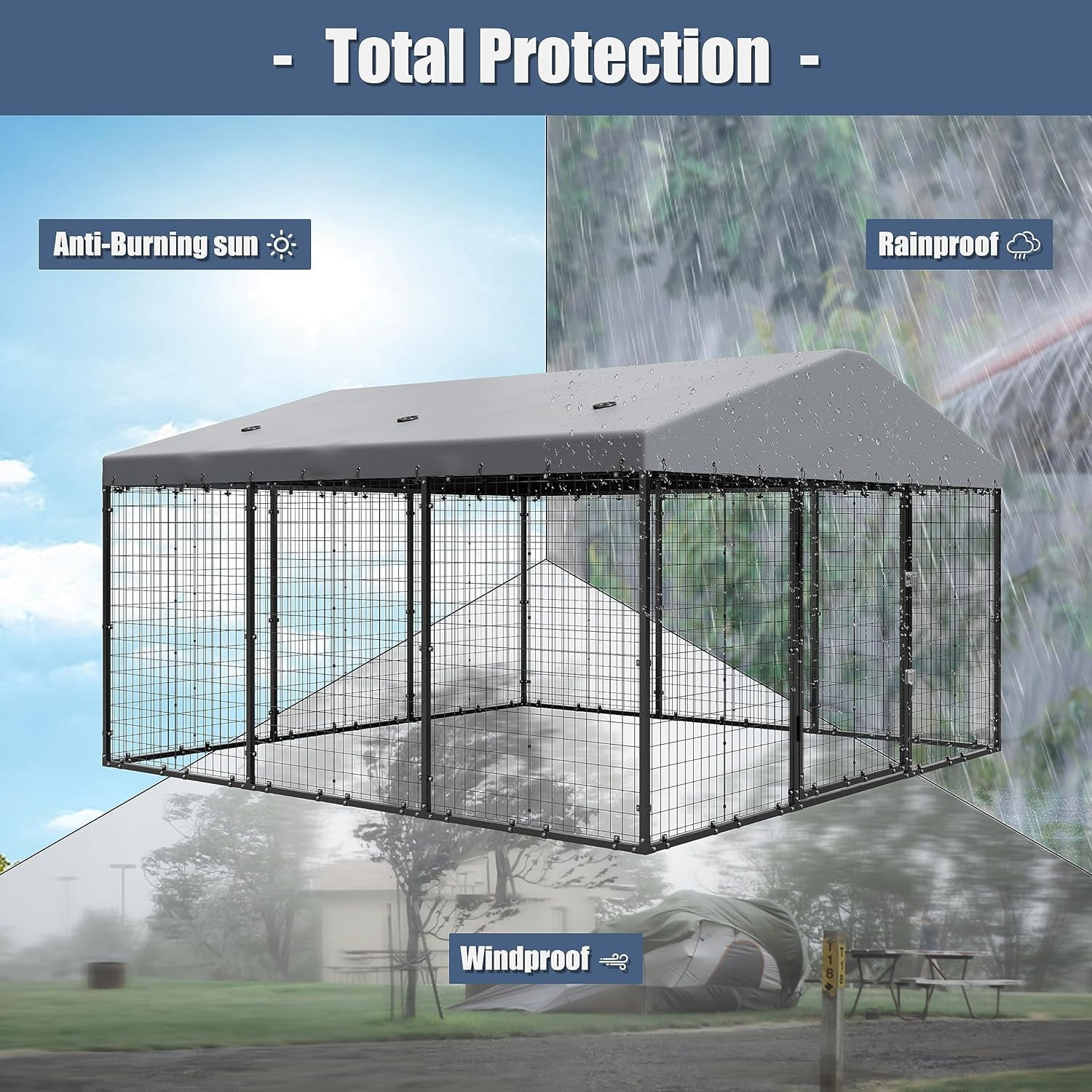 ALAULM 10x10x6 FT Large Outdoor Dog Cage, Heavy-Duty Kennel Enclosure with Weatherproof UV-Resistant Cover, Rust-Proof Galvanizing Steel Barrier Fence with Dual Safety Lock for Yard, Garden & Patio