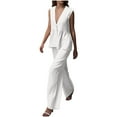 thumbnail image 3 of DDAPJ pyju Business Casual Outfits for Women Cotton Linen 2 Piece Set Deep V Neck Sleeveless Pelpum Tops and Wide Leg Pants Matching Sets Ofertas de la semana White L, 3 of 10