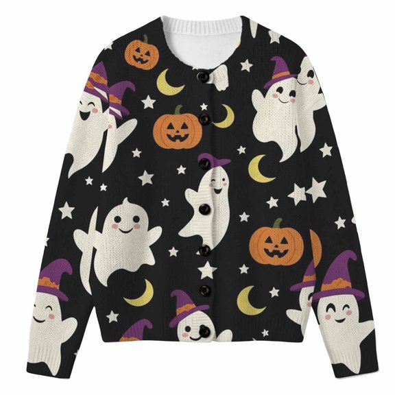 Tiijoy Halloween Girls Cardigan Sweater Cute Cartoon Button‑Up Sweater, Black, Sizes 5-16