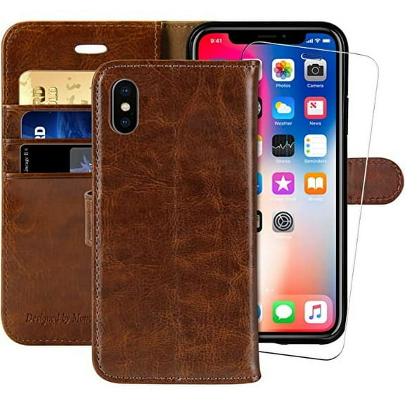 MONASAY Wallet Case Compatible for iPhone Xs MAX, 6.5-inch, [Glass Screen Protector Included] [RFID Blocking] Flip Folio Leather Cell Phone Cover with Credit Card Holder
