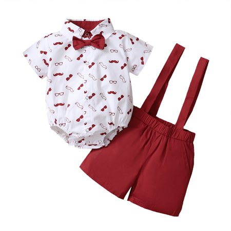 

12 Months Baby Boys Summer 2PCS Outfits 18 Months Toddler Boys Gentleman Outfits Short Sleeve Beard Print Lapel Romper Top Overall Shorts Set Red