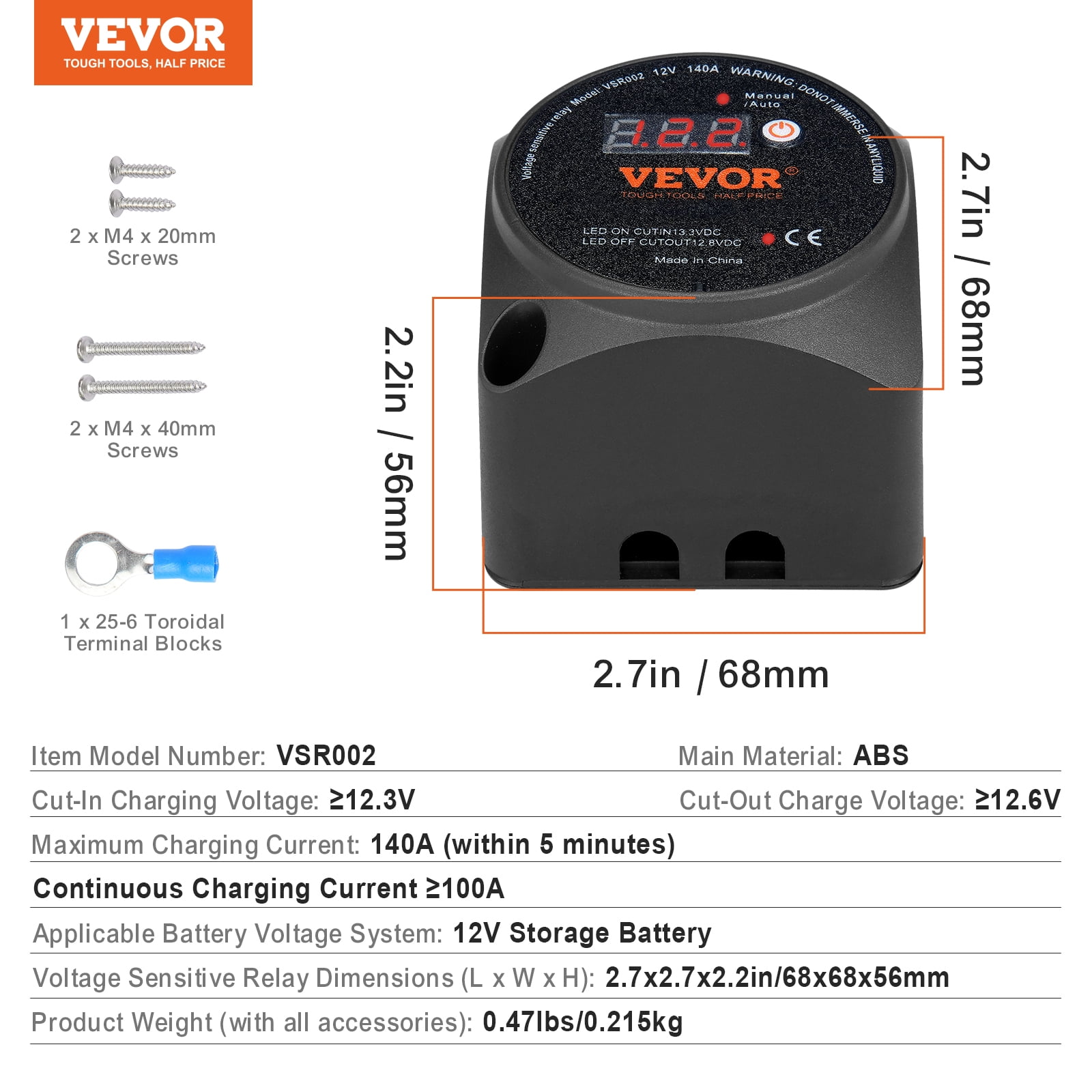 VEVOR Dual Battery Isolator Kit, 12V 140Amp, Manual and Auto Modes VSR Voltage Sensitive Relay with LCD Screen, Smart Battery Isolator for ATV UTV RV Camper Off-Road Vehicle Caravan Truck Boat Yacht