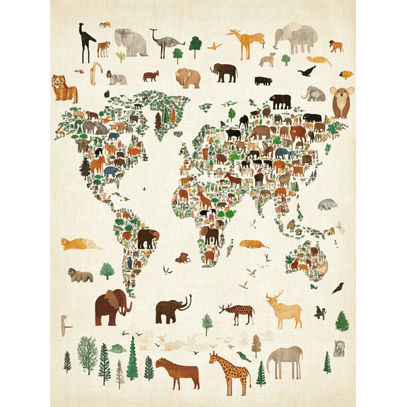 Animal World Map Canvas Print/Decorative Painting， Suitable for Living Room， Bedroom， Office， Nursery， and Study Room Decoration.