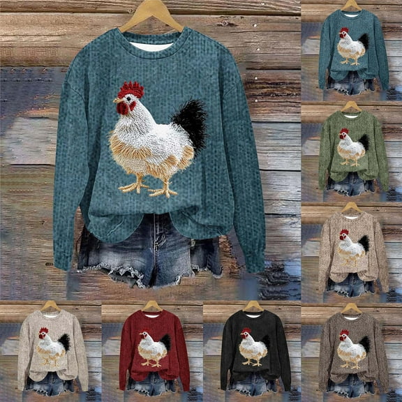 XPMWRP Women's Rooster Embroidery Fashion Sweatshirt Oversized Long Sleeve Fall Winter Pullover Crew Neck Loose Sweatshirts Blue XXL