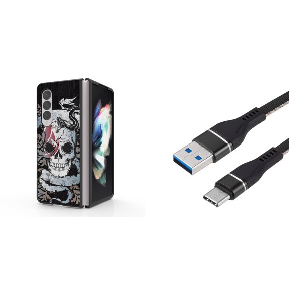 Accessory Bundle for Galaxy Z Fold 4: Slim Snap-On Case (Red Snake and Skull), Nylon Braided USB-C to USB-A Cable (3 Feet)