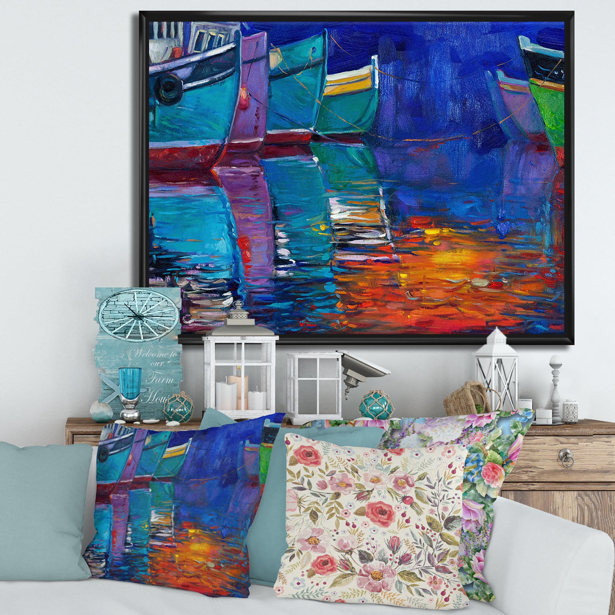 Designart 'Boats During Warm Sunset Resting On The Water I' Nautical & Coastal Framed Canvas Wall Art Print