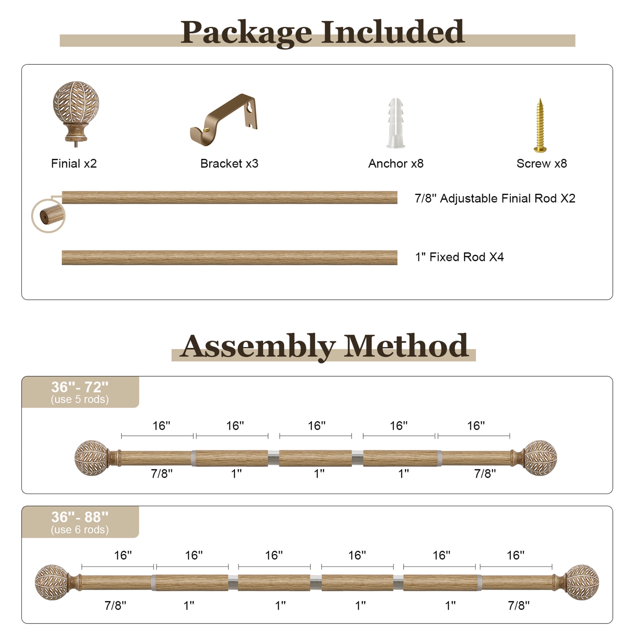 Yokila Farmhouse Brown Curtain Rods for Windows 36 to 88 Inches Adjustable Length Heavy Duty 1" Diameter Single Window Curtain Rod with Decorative Finials for Outdoor Bedroom Kitchen Living Room
