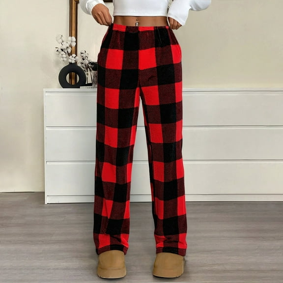 Pajama Pants Women Plaid Stretch Comfy Lounge Pants No Drawstring Waist Sleep Bottoms with Pockets Red L