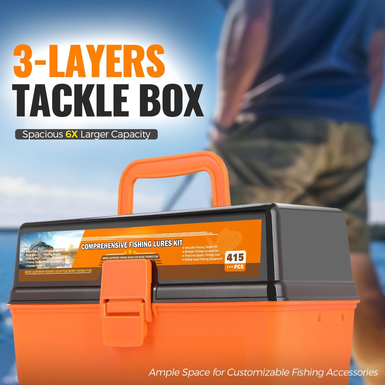 Large 3 Layers Fishing Tackle Box With Included  415pcs Lures Kit Contains Pliers Crankbait Hooks Weights & Accessories Gear Gifts For Men Starter Kits Bass Trout