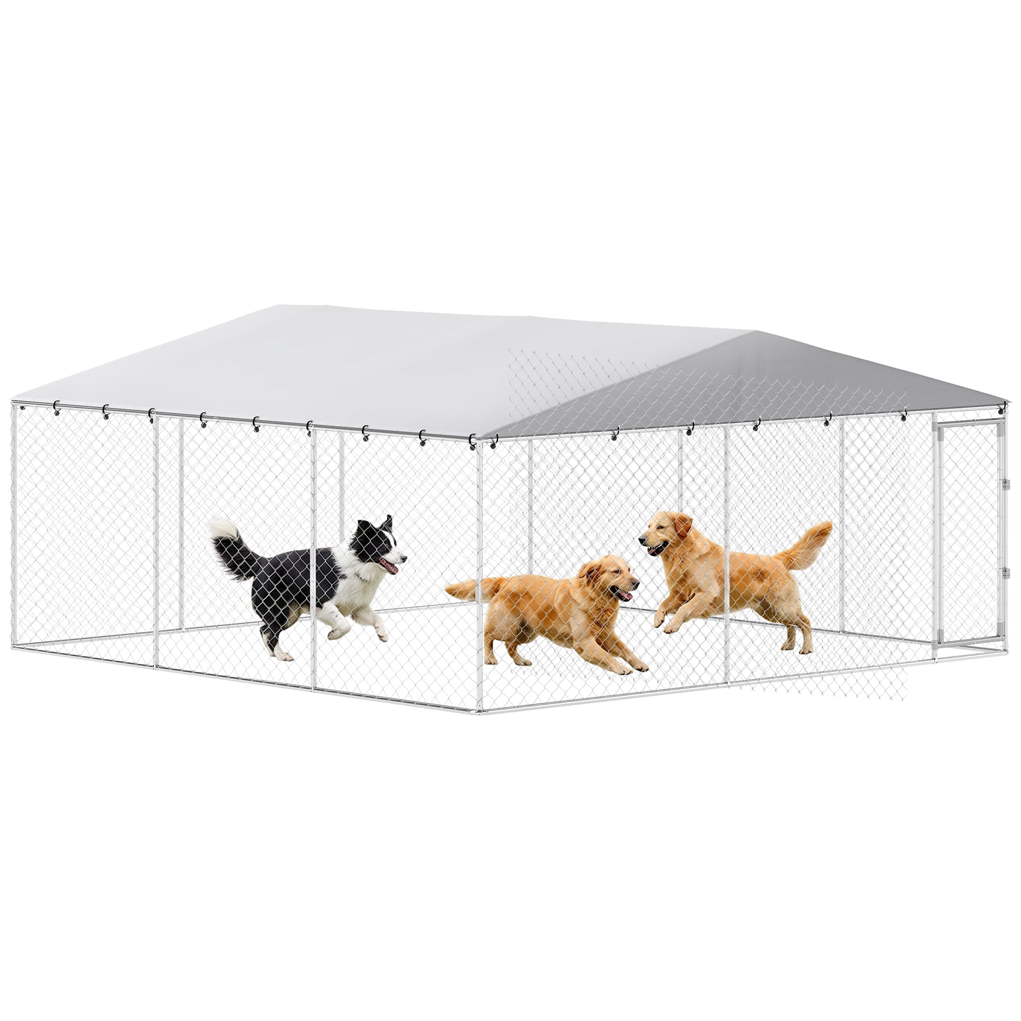 PawHut Outdoor Dog Kennel, Heavy Duty Dog Run with Waterproof Cover, Galvanized Chain Link, Secure Lock, for Dogs, Chickens, Ducks, 15' x 15' x 7'