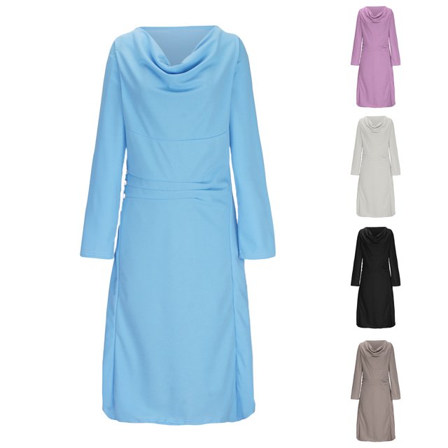 Gspmoly Robe d'Été, Mode Femmes Robe Chemise à Col Rond Uni à Manches Longues Taille Haute Robes Formelles pour Femmes Offres Prime
