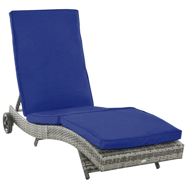 Outsunny Chaise Longue d'Extérieur en Osier Réglable avec Coussin et Roues pour Patio, Terrasse, au Bord de la Piscine, Bleu Foncé