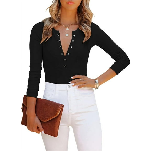 Women’s V Neck Long Sleeve Short Sleeve Button Down Ribbed Knit Leotards Bodysuits Tops Jumpsuit