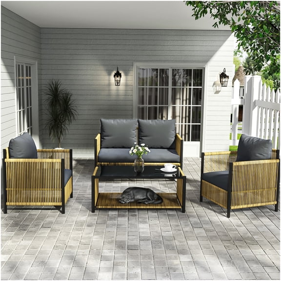 4-Pc Outdoor Patio Furniture Set, Black Brown PE Wicker Sofa with Grey Cushions, Steel Frame Conversation Set for Deck