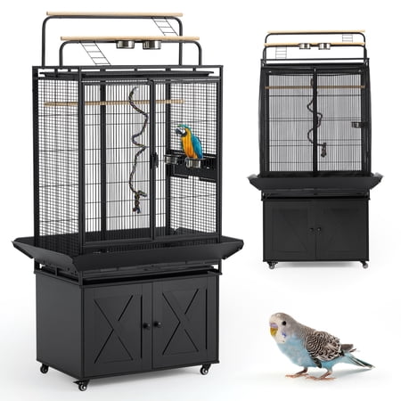 AVAWING 70-Inch Bird Cage with Play Top & Storage Cabinet, Tall Big Bird Flight Cage Aviary, Black