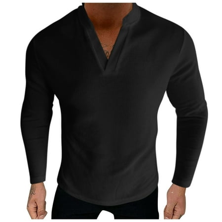 

koaiezne Mens Fashion Casual Collar Solid Colour Long Sleeve T Shirt Top Blouse Long Scrub Tee with Stripes