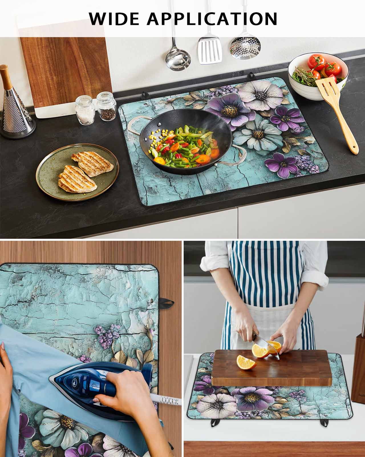nqOlkjepod Large Induction Cooktop Protector Mat 36"x21", Retro Flower Stove Top Covers for Electric Stove, Blue Walls Mottled Vintage Country Farm Stove Burner Cover Mats, Glass Top Stove Cover