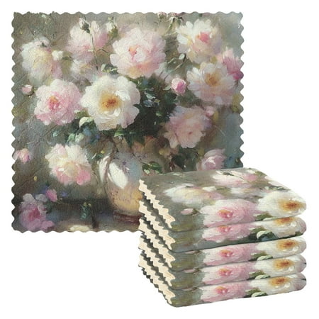 

6 Pieces Thickened Double Polyester Fleece Kitchen Towel - 28x28cm Strongly Absorb Water & Oil Stain Removal，A Oil Painting Rose