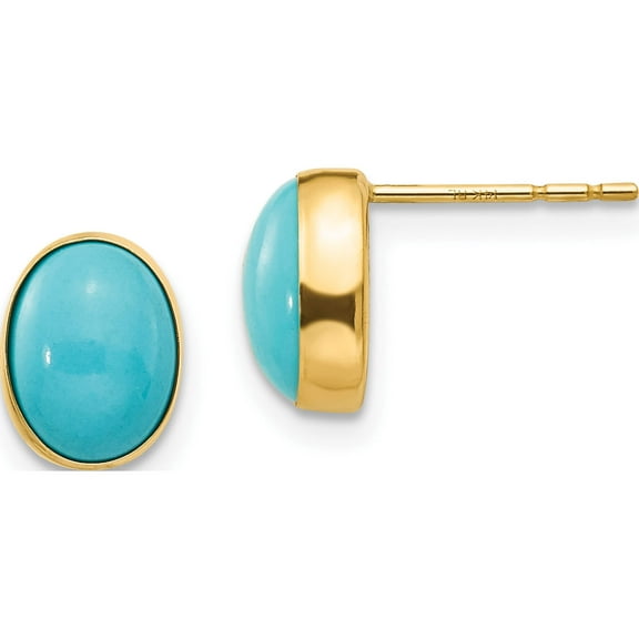 14K Yellow Gold Madi K Bezel Set Oval Turquoise Post Earrings (8 X 7) Made In United States se649
