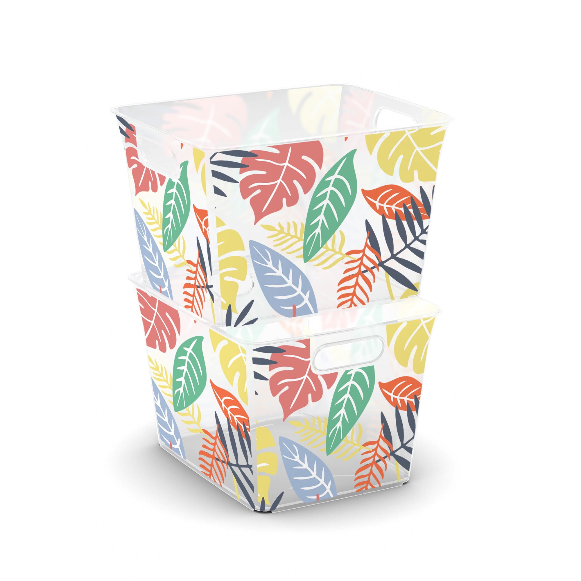 Curver V Basket Medium Stylish Decorative Retro Leaves Resin Plastic Storage Box Organizer Bin, Multicolor 4 Pack