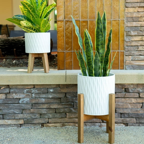 Flora Bunda Mid-Century  Set of 2 10' & 8" Ridge Ceramic Planter on Wood Stand,Matte White