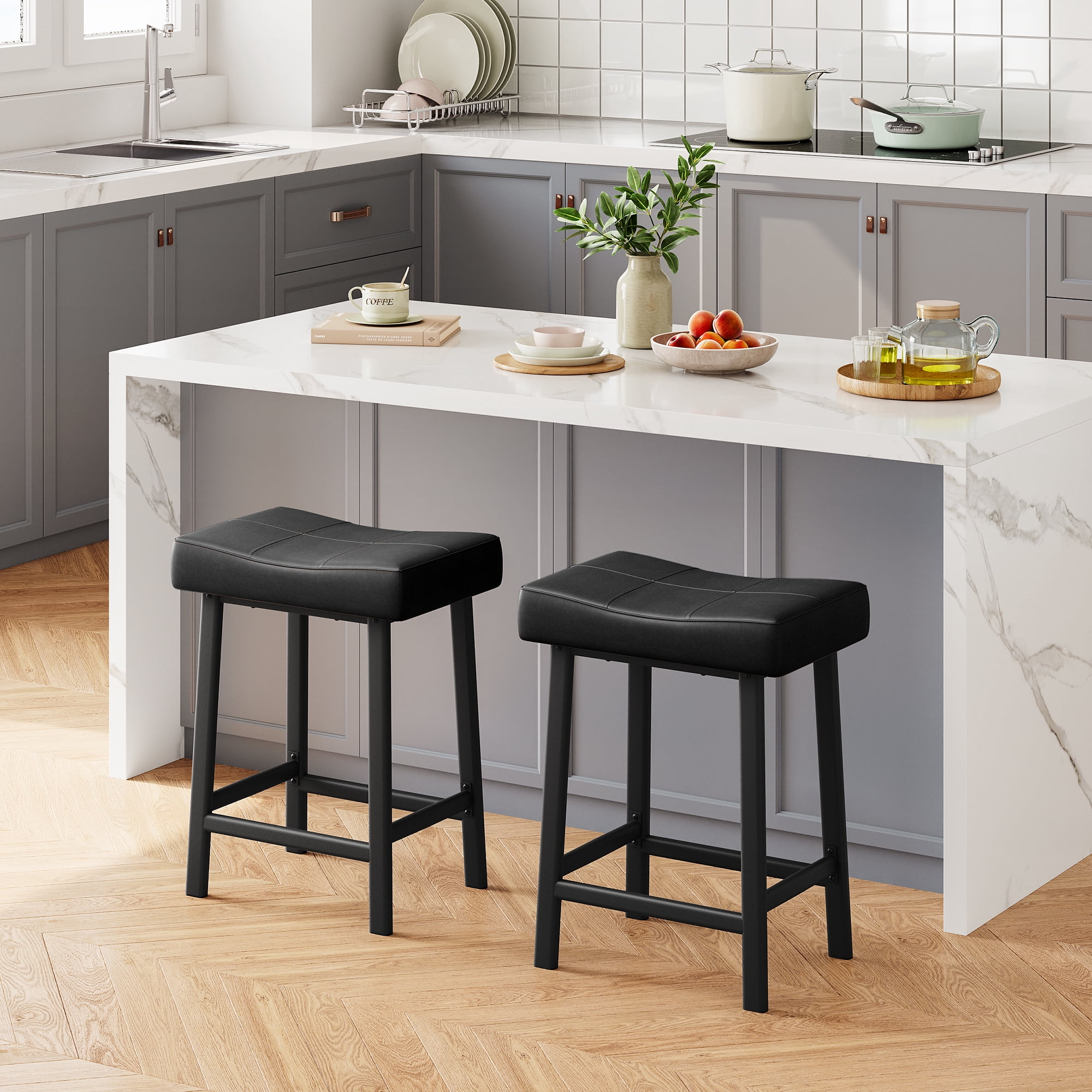 AOILE 24-Inch Bar Stools Set of 2/4 – Soft PU Leather Seat, Sturdy Metal Frame, Waterproof & Easy-to-Clean – Ideal for Kitchen Island, Bar, Dining Room – Available in Black, Brown, Grey, White