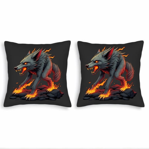 Set of 2 Throw Pillow Covers 18x18in - Fierce Wolf Design with Dark Gray and Fiery Orange Accents for Couch Bed or Car