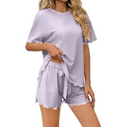 Naittoop Womens Pajamas 2 Piece Pjs Short Sleeve Sleepwear Set Summer Soft Pajamas Set Ruffle Flowy Casual Lounge Sets