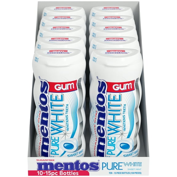 Mentos Pure White Gum, Sweet Mint, 10 Count-15 Piece Bottle