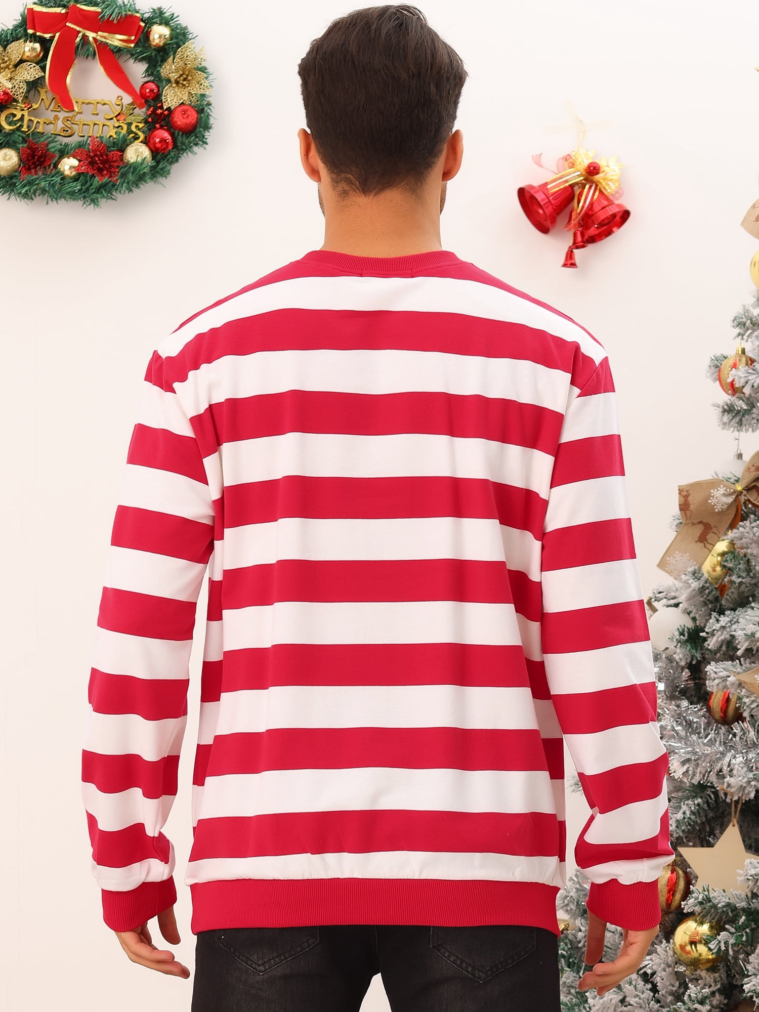 Unique Bargains Men's Striped Crew Neck Pullover Color Block Sweatshirts L Red White