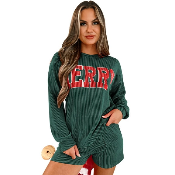 Women's Evergreen Corded MERRY Long Sleeve Graphic Top and Shorts Set - [ZhiHiMeRi] | (US 20-22)2XL