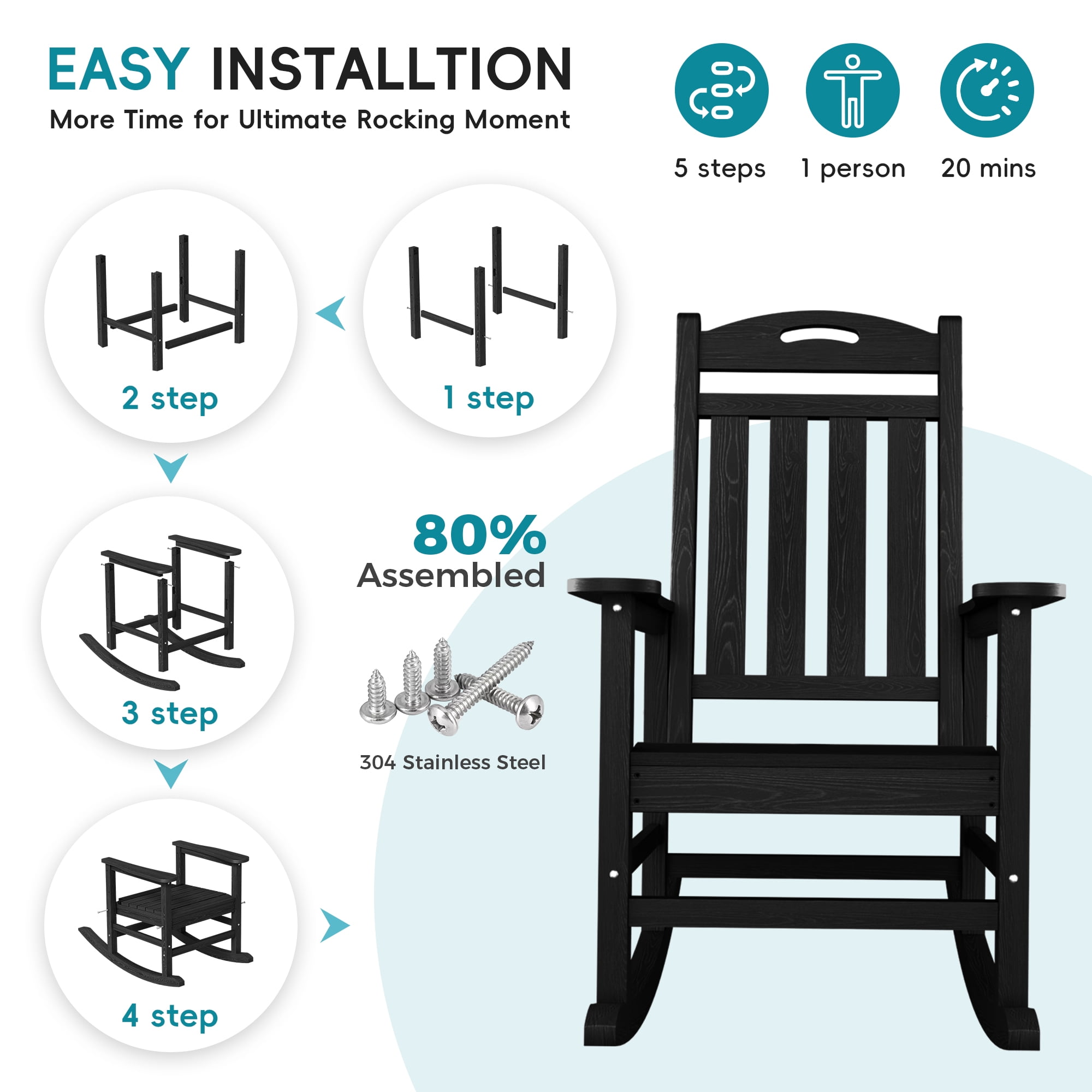 SUUNYN Set of 2 Outdoor Rocking Chairs, HDPE All-Weather Patio Rockers with High Back, 380lbs Heavy Duty, Black