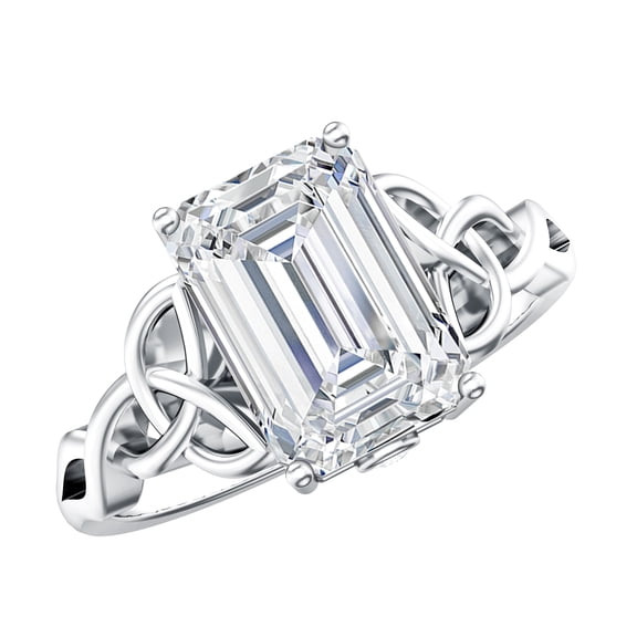 Rosec Jewels Lab Grown Diamond Emerald Cut Engagement Ring 3 Carat - IGI Certified - E-VS1 Quality - Celtic Knot Ring, 925 Sterling Silver, US 4.00