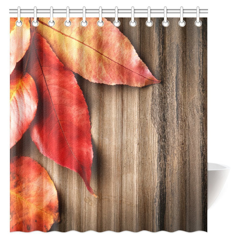 Autumn Maple Leaves Yellow Wood Plank Waterproof Fabric Shower Curtain Set 72" 
