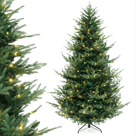 Topbuy 8 FT Artificial Christmas Tree Faux Hinged Xmas Tree with 1480 Branch Tips 450 Warm White LED Lights PE & PVC Mixed Leaves