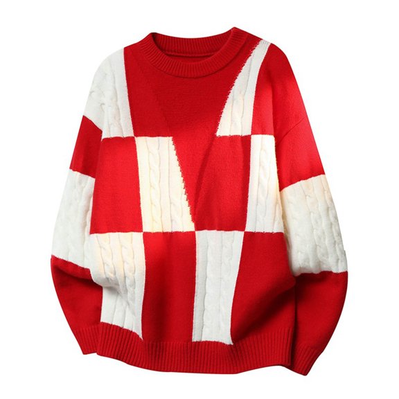 ZUKMRJPC Mens Sweater Crewneck Long Sleeve Loose Fit Vintage Color Block Chunky Knitted Sweater Fall Winter Warm Casual Pullover Tops