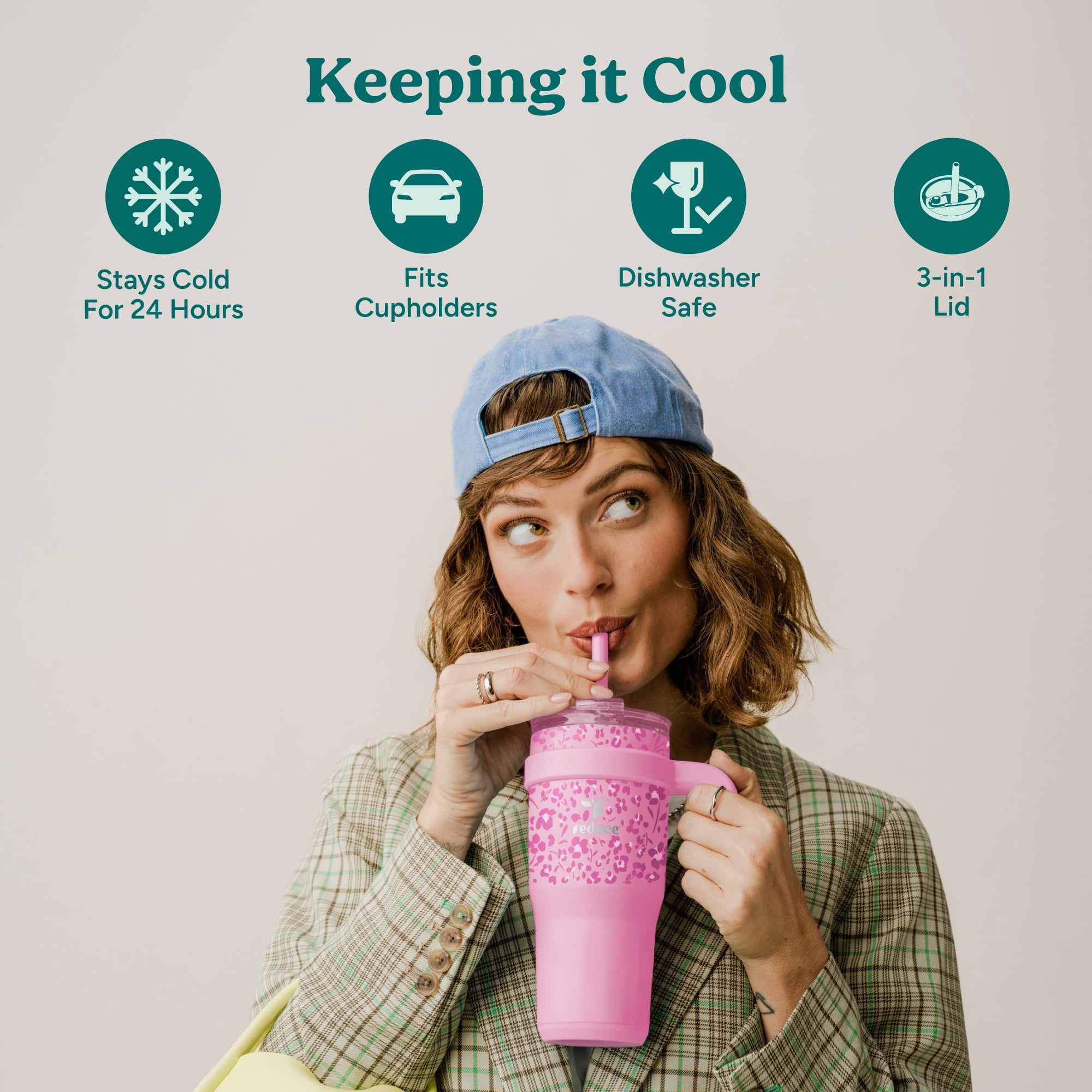 Reduce 24oz Cold1 Travel Mug with Straw and Straw Topper, Lid & Travel Handle, Insulated Stainless Steel, Cherry Pink Blooms