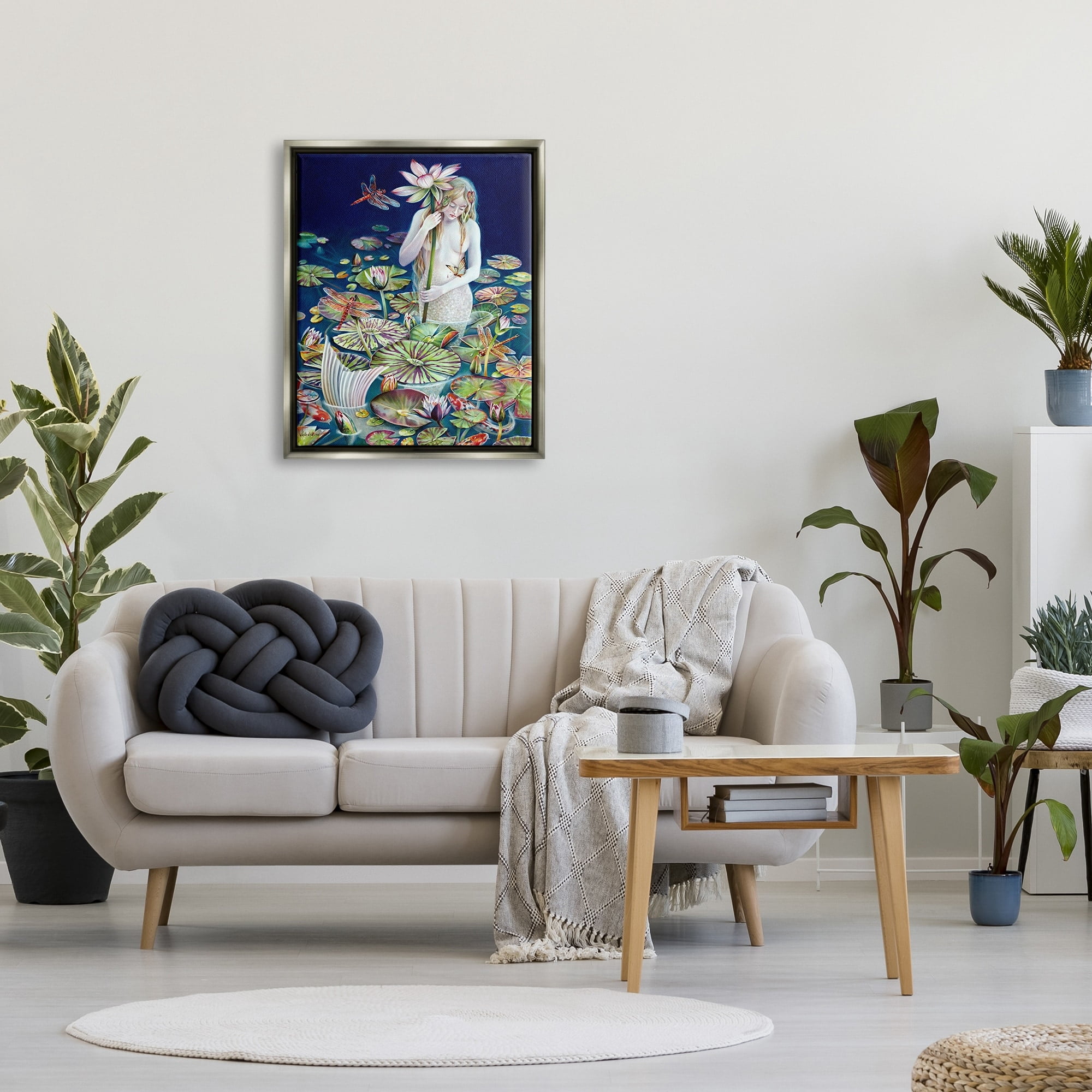 Stupell Industries Mermaid Among Water Lilies Floral Pond Woman Painting Luster Gray Floating Framed Canvas Print Wall Art, Design by Sheila Wolk
