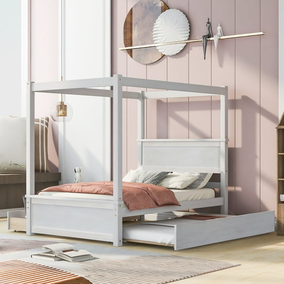 CoSoTower Wood Canopy Bed with Trundle Bed and Two Drawers , Full Size Canopy Platform Bed with Support Slats .No Box Spring Needed, Brushed White