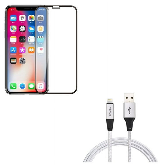 iPhone XS/X - Charger Cord 10ft USB Cable w Tempered Glass Screen Protector - Power Wire Braided Long Sync Fast Charge, 5D Touch Curved Edge Full Cover Bubble Free Case Friendly 9H Hardness