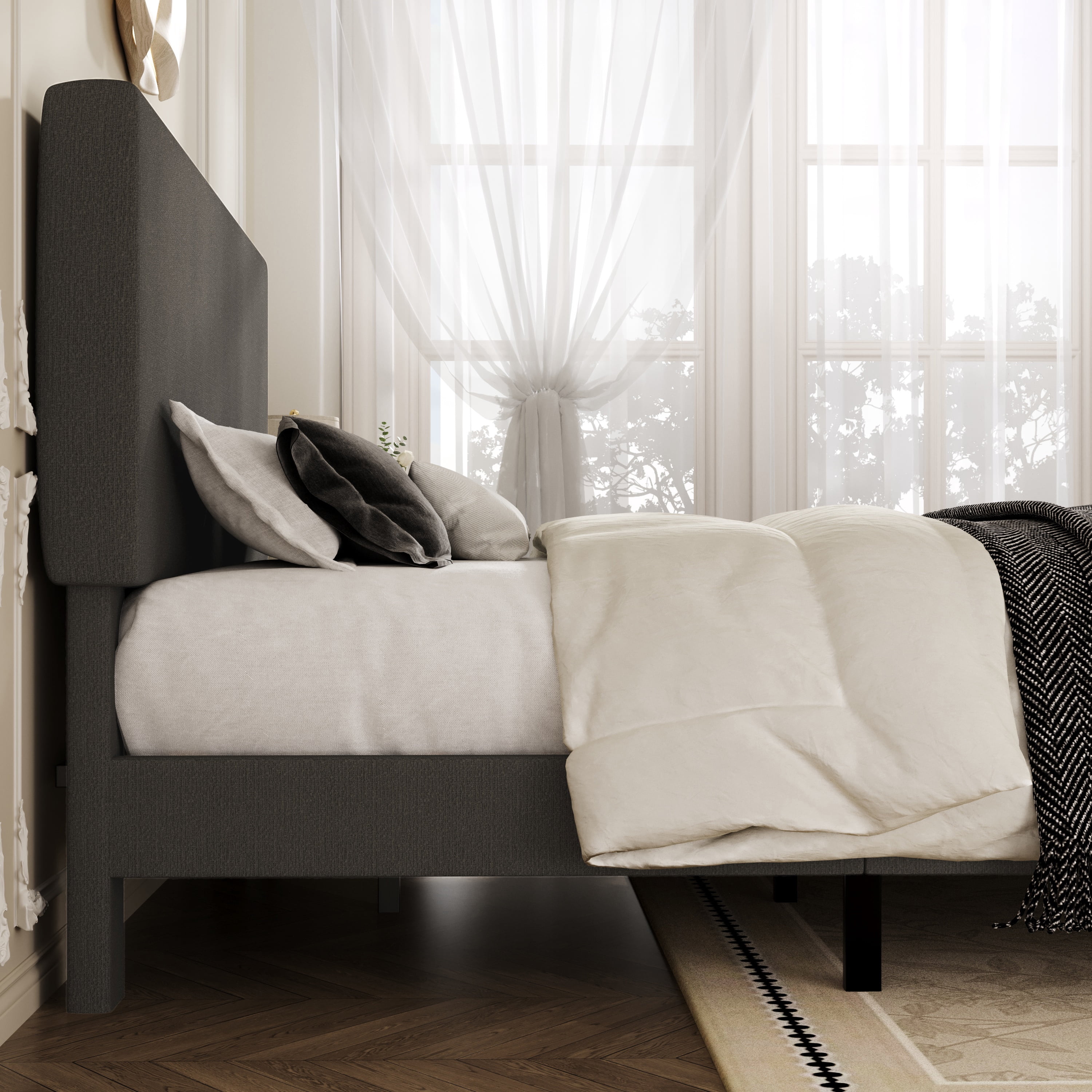 Amolife Queen Bed Frame, Platform Bed Frame with Upholstered Adjustable Headboard, Gray, Nubby Fabric