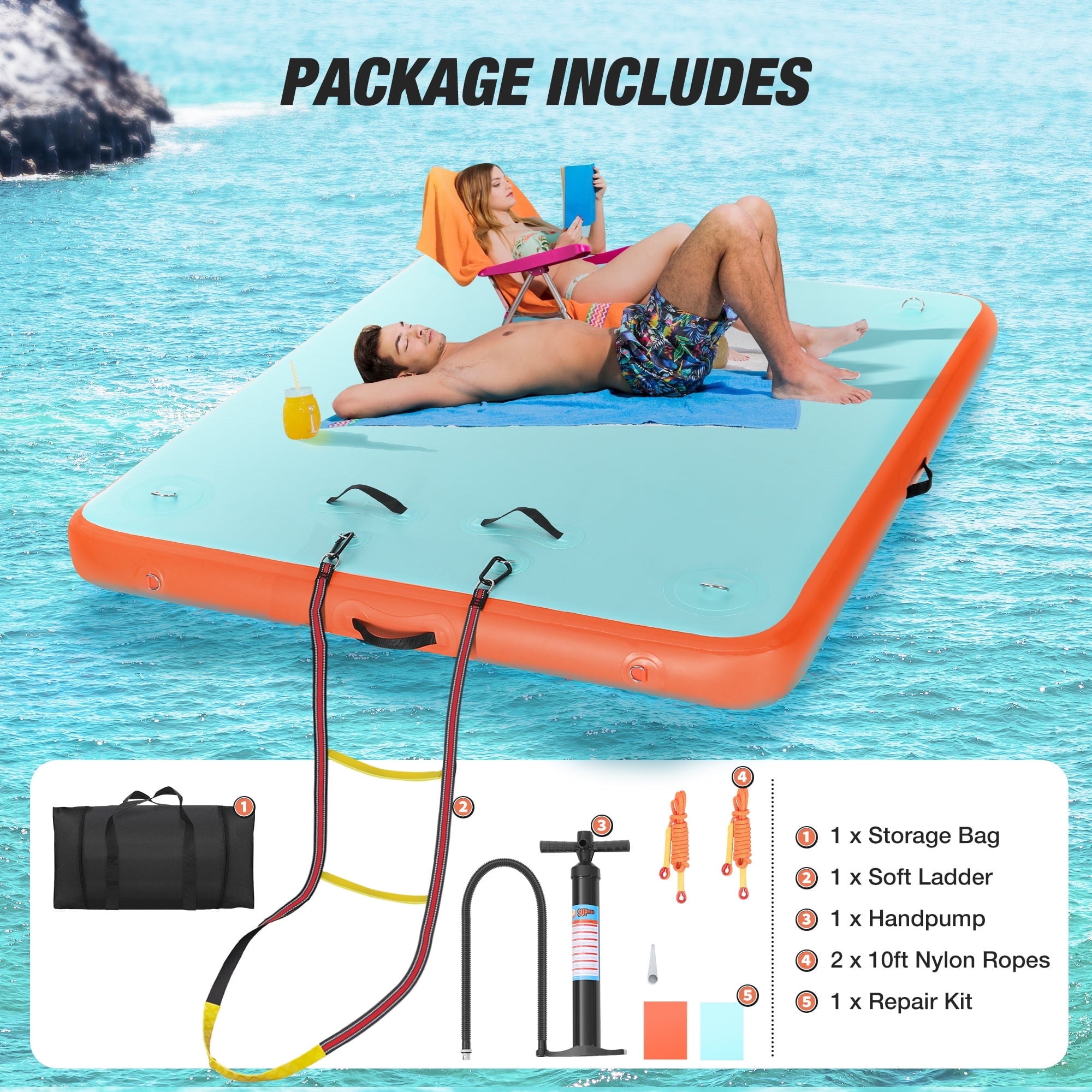 WARMOUNTS Inflatable Floating Dock, 5*6ft Air Inflatable Dock Platform, Non-Slip Water Island Float Raft with Rope Ladder for Ocean Lake River Boat