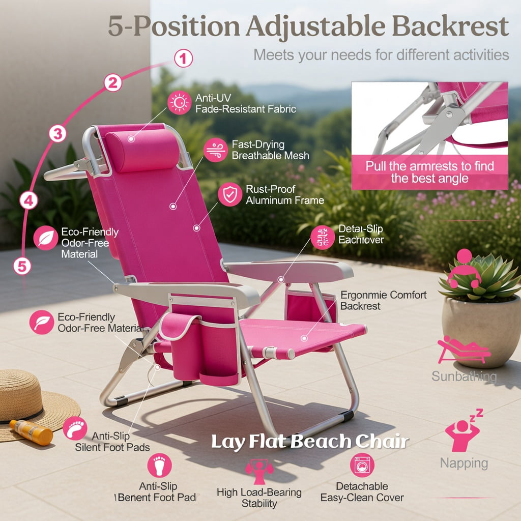 Hommoo 2-Pack Foldable Beach Chair with Cup Holder, Adjustable Backrest & Storage Pockets, Lightweight Aluminum Frame, Waterproof 600D Oxford Fabric, Pink