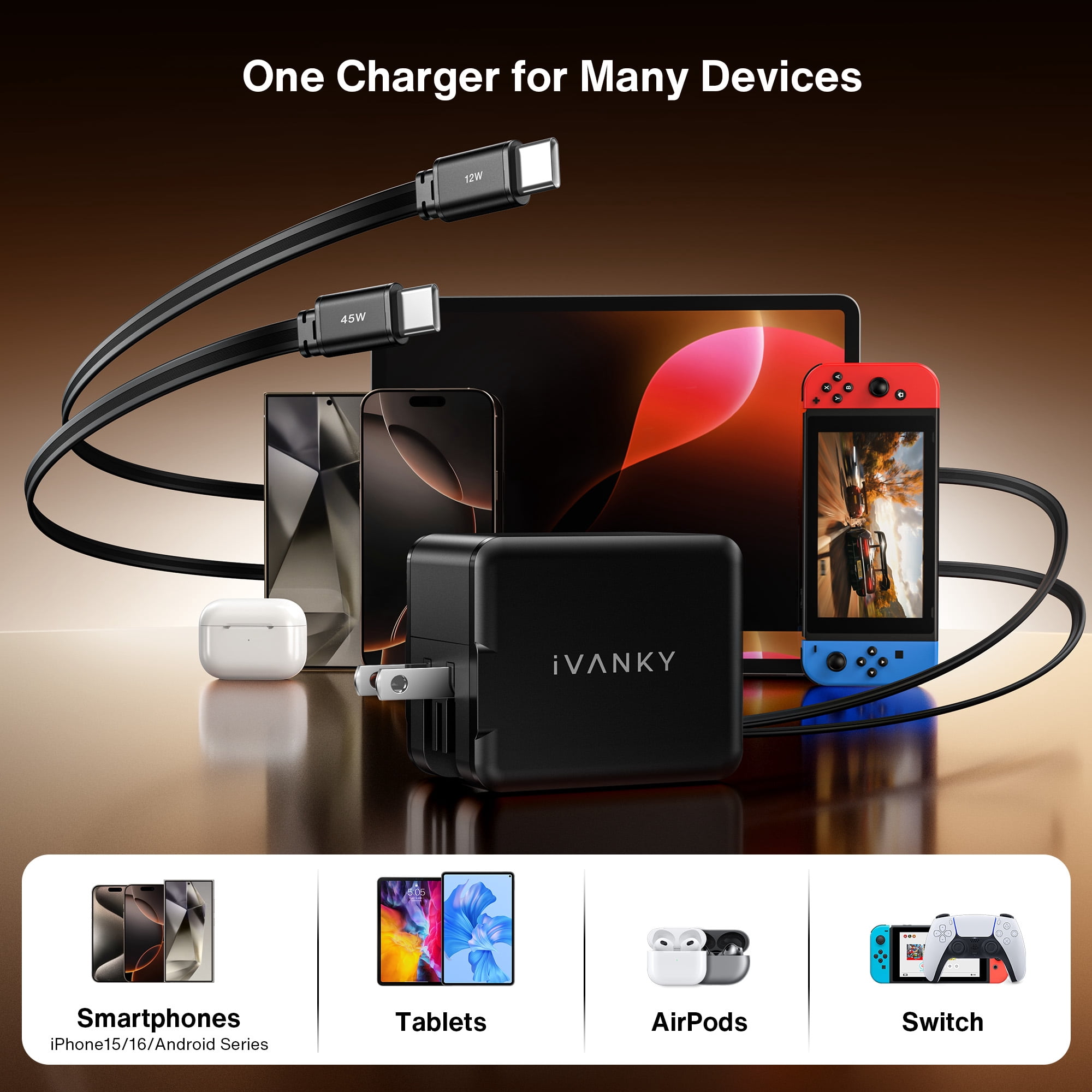 4-in-1 45W Fast Charging Retractable Wall Charger with Dual USB C Cables