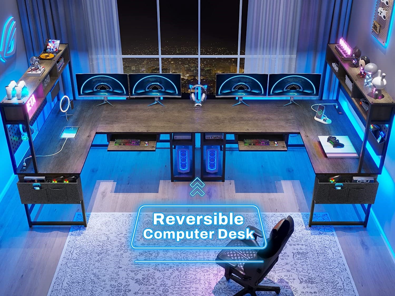 Reversible Gaming Desk with LED Lights & Power Strips, L-Shaped Computer Desk with Storage Shelves & Pegboard for Home Office, Dark Gray