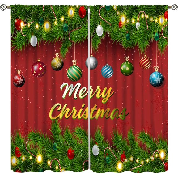 Christmas Curtains, Color Xmas Balls Green Pine Leaves New Year Red Print Window Treatment for Living Room Bedroom Kitchen Drapes 2 Panel Sets, 84x84 Inch