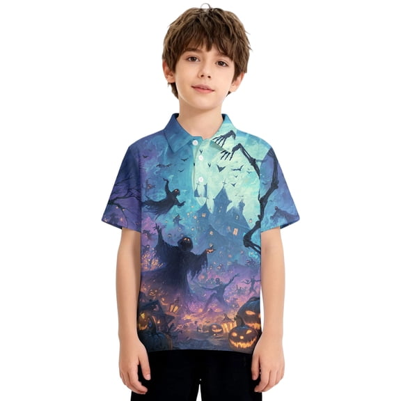 Abcomgle Halloween Polos Spooky Gothic Witch Pumpkin Graphic T-Shirts for Kid Girls Button Up Short Sleeve Tshirts for Girls Fall Funny Cute Top for Girls
