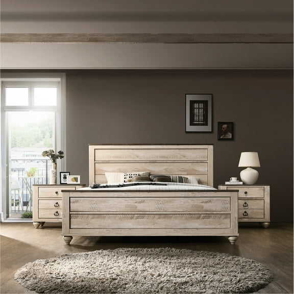 King Bedroom - 3 Piece White Wash Rustic Look Paneled Headboard Nightstands Spacious Drawers Metal Handles Urban Chic Style Low-profile Box Spring Needed Pieces Bed & 2 Finish Antique Walnut Trim